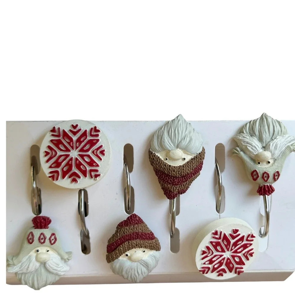 Christmas Shower Curtain Hooks Set of 12 Santa Gnome Snowflake Rustic Holiday